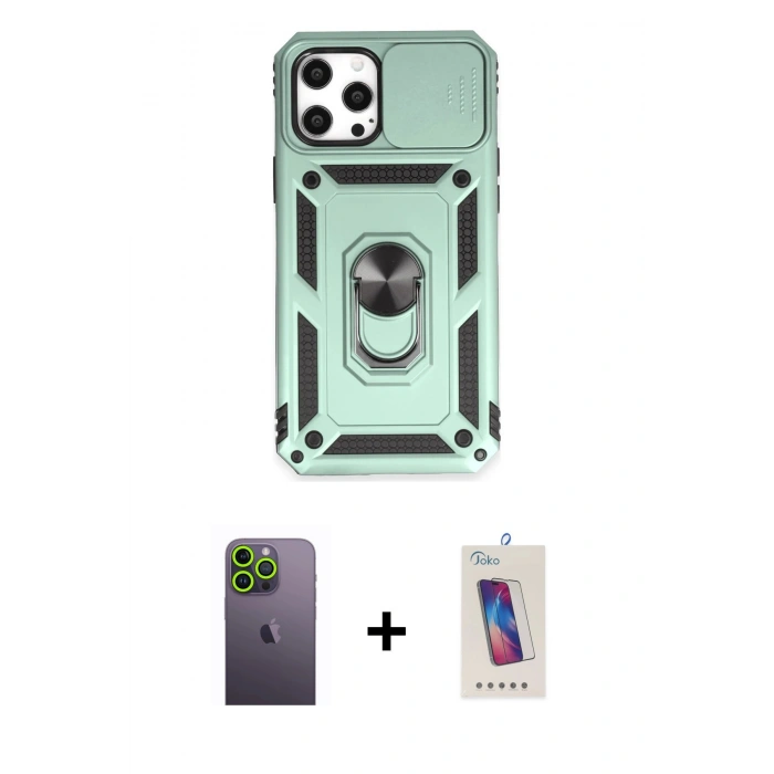 MARSİLYAN™- iPhone 12 Pro Max Kılıf Ahenk Klasik - Siyah Joko 5D Cam + Neon Fosforlu Kamera Lens - YL