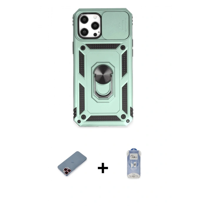 MARSİLYAN™- iPhone 12 Pro Max Kılıf Ahenk Klasik - Siyah Joko Magic 5D Cam + Kırmızı Metal Kamera Lens Koruma Cam