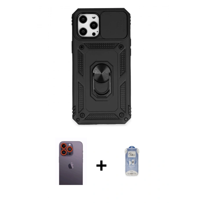 MARSİLYAN™- iPhone 12 Pro Max Kılıf Ahenk Klasik - Siyah Joko Magic 5D Cam + Neon Fosforlu Kamera Lens - TU
