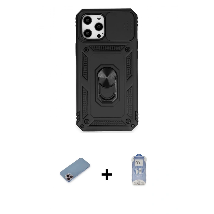 MARSİLYAN™- iPhone 12 Pro Max Kılıf Ahenk Klasik - Siyah Joko Magic 5D Cam + Pembe Shine Kamera Lens Koruma Cam