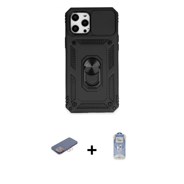 MARSİLYAN™- iPhone 12 Pro Max Kılıf Ahenk Klasik - Siyah Joko Magic 5D Cam + Renkli Kamera Lens Koruma Cam - PE