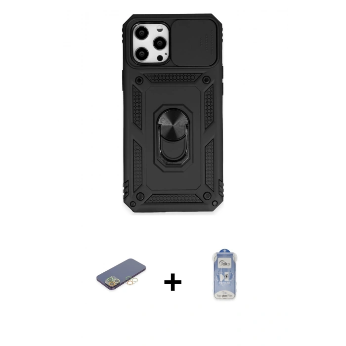 MARSİLYAN™- iPhone 12 Pro Max Kılıf Ahenk Klasik - Siyah Joko Magic 5D Cam + Renkli Kamera Lens Koruma Cam - SI