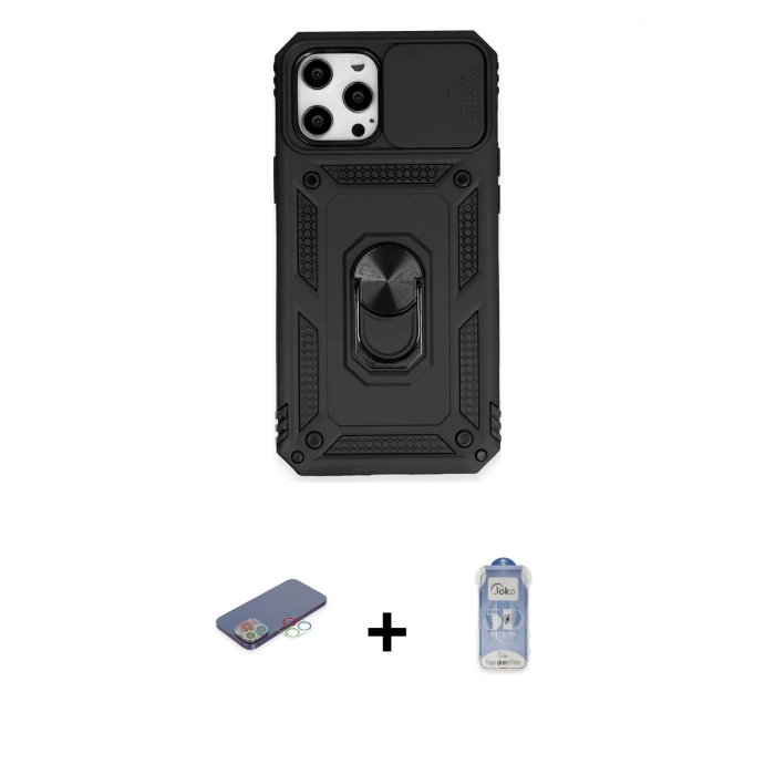 MARSİLYAN™- iPhone 12 Pro Max Kılıf Ahenk Klasik - Siyah Joko Magic 5D Cam + Renkli Kamera Lens Koruma Cam - MI