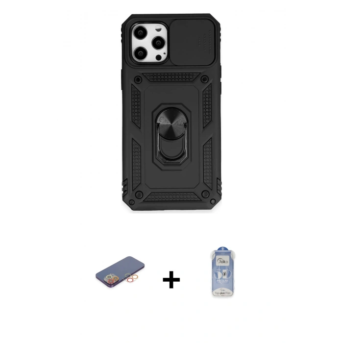 MARSİLYAN™- iPhone 12 Pro Max Kılıf Ahenk Klasik - Siyah Joko Magic 5D Cam + Renkli Kamera Lens Koruma Cam - TU