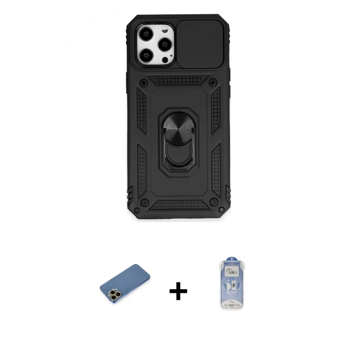 MARSİLYAN™- iPhone 12 Pro Max Kılıf Ahenk Klasik - Siyah Joko Magic 5D Cam + Shine Kamera Lens Koruma Cam - GD
