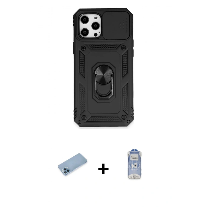 MARSİLYAN™- iPhone 12 Pro Max Kılıf Ahenk Klasik - Siyah Joko Magic 5D Cam + Shine Kamera Lens Koruma Cam - MI