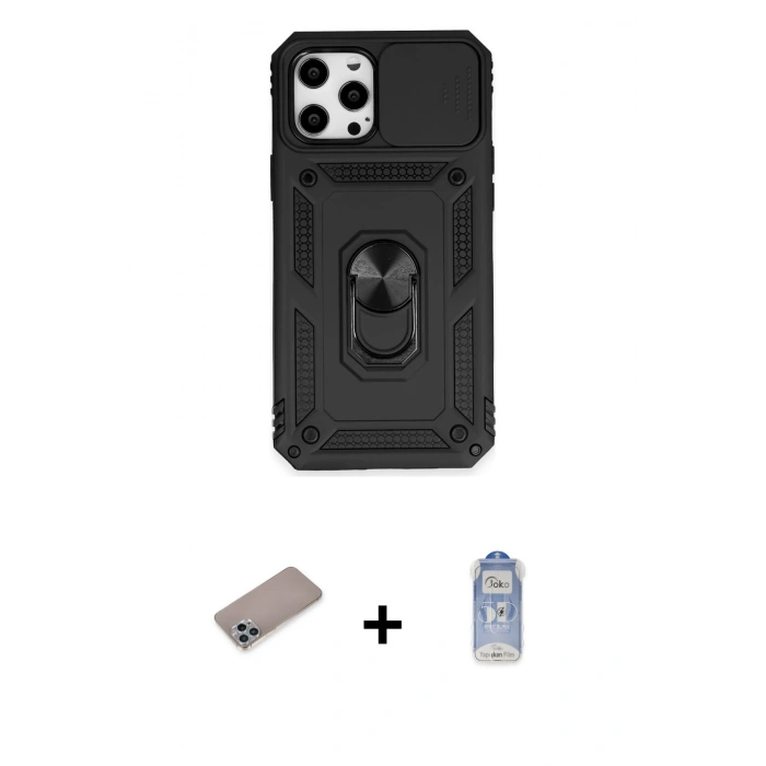 MARSİLYAN™- iPhone 12 Pro Max Kılıf Ahenk Klasik - Siyah Joko Magic 5D Cam + Shine Kamera Lens Koruma Cam - SABE