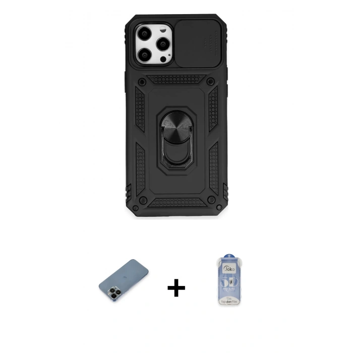 MARSİLYAN™- iPhone 12 Pro Max Kılıf Ahenk Klasik - Siyah Joko Magic 5D Cam + Shine Kamera Lens Koruma Cam - SH