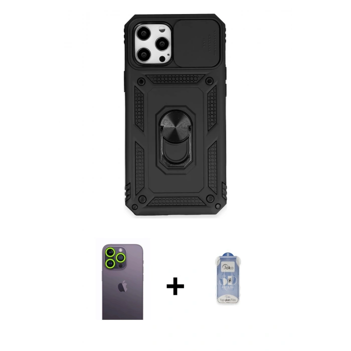 MARSİLYAN™- iPhone 12 Pro Max Kılıf Ahenk Klasik - Siyah Joko Magic 5D Cam + Neon Fosforlu Kamera Lens - YL
