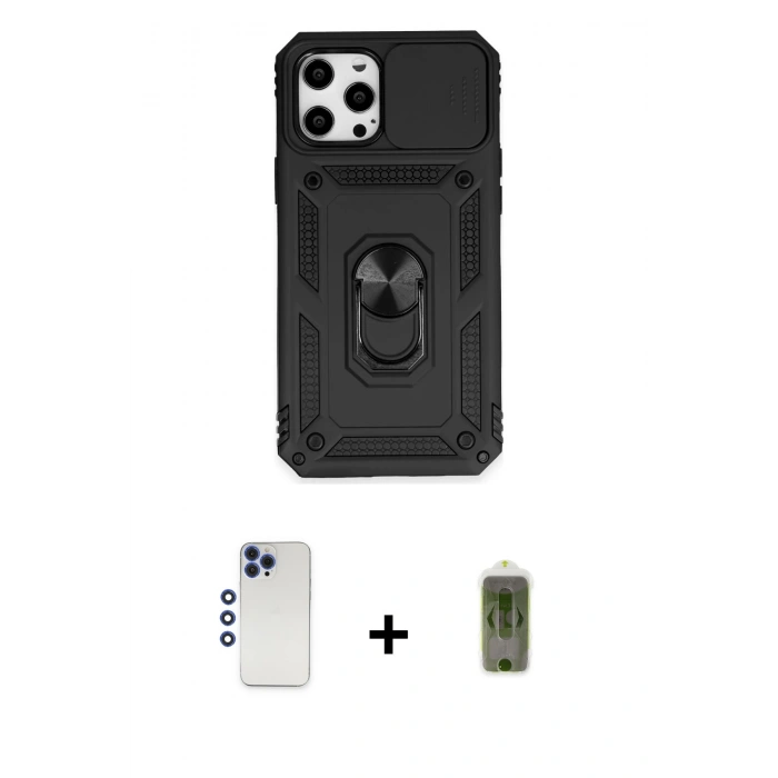 MARSİLYAN™- iPhone 12 Pro Max Kılıf Ahenk Klasik - Siyah Joko Magic 5D Hayalet Cam + Lacivert Shine Kamera Lens