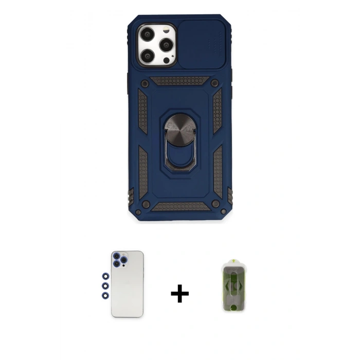 MARSİLYAN™- iPhone 12 Pro Max Kılıf Ahenk Klasik - Siyah Joko Magic 5D Hayalet Cam + Lacivert Shine Kamera Lens