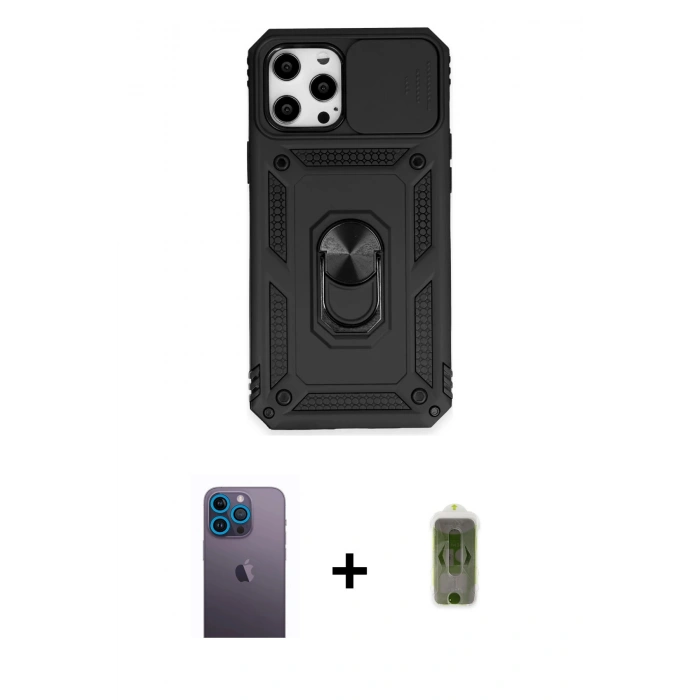 MARSİLYAN™- iPhone 12 Pro Max Kılıf Ahenk Klasik - Siyah Joko Magic 5D Hayalet Cam + Neon Fosforlu Kamera Lens - MI