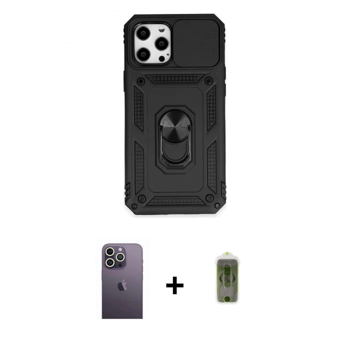 MARSİLYAN™- iPhone 12 Pro Max Kılıf Ahenk Klasik - Siyah Joko Magic 5D Hayalet Cam + Neon Fosforlu Kamera Lens - BZ
