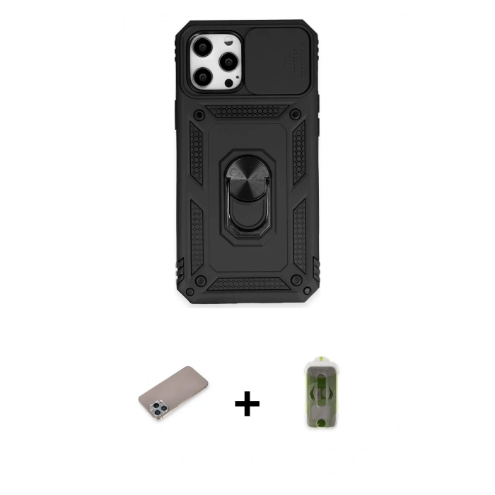 MARSİLYAN™- iPhone 12 Pro Max Kılıf Ahenk Klasik - Siyah Joko Magic 5D Hayalet Cam + Sierra Blue Shine Kamera Lens Koruma Cam