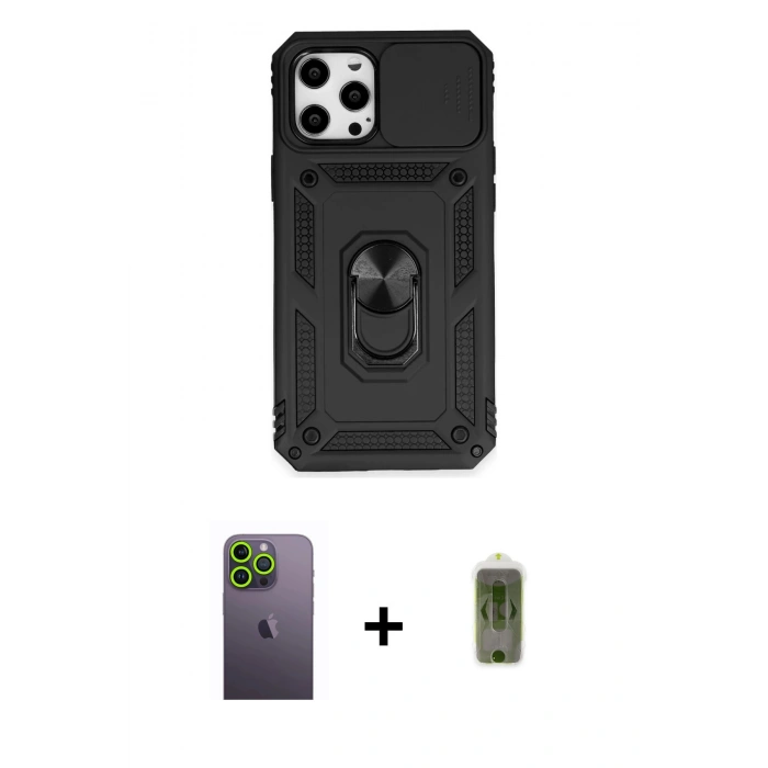 MARSİLYAN™- iPhone 12 Pro Max Kılıf Ahenk Klasik - Siyah Joko Magic 5D Hayalet Cam + Neon Fosforlu Kamera Lens - YL