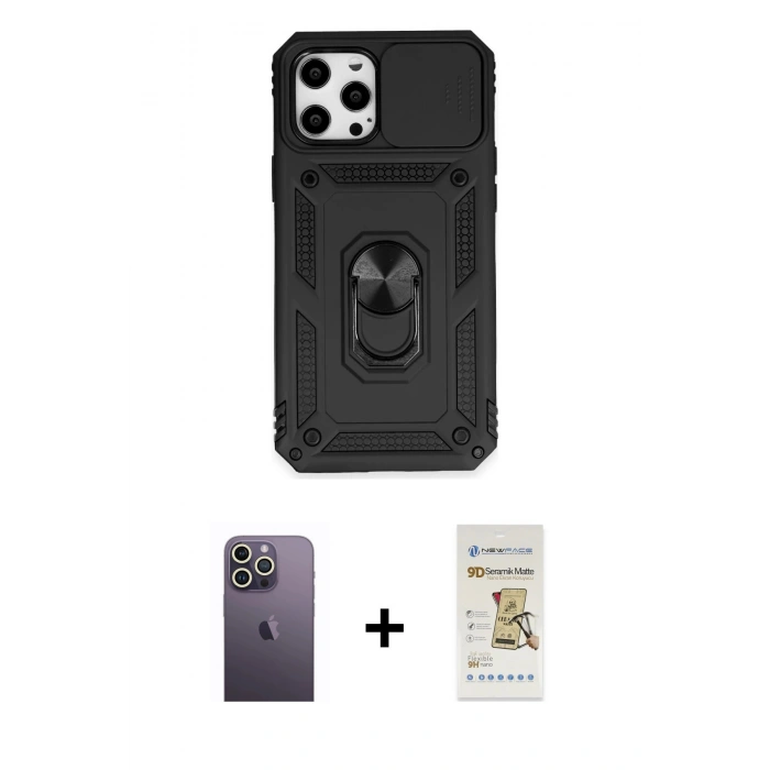 MARSİLYAN™- iPhone 12 Pro Max Kılıf Ahenk Klasik - Siyah Mat Seramik Nano Ekran Koruyucu + Neon Fosforlu Kamera Lens - BZ