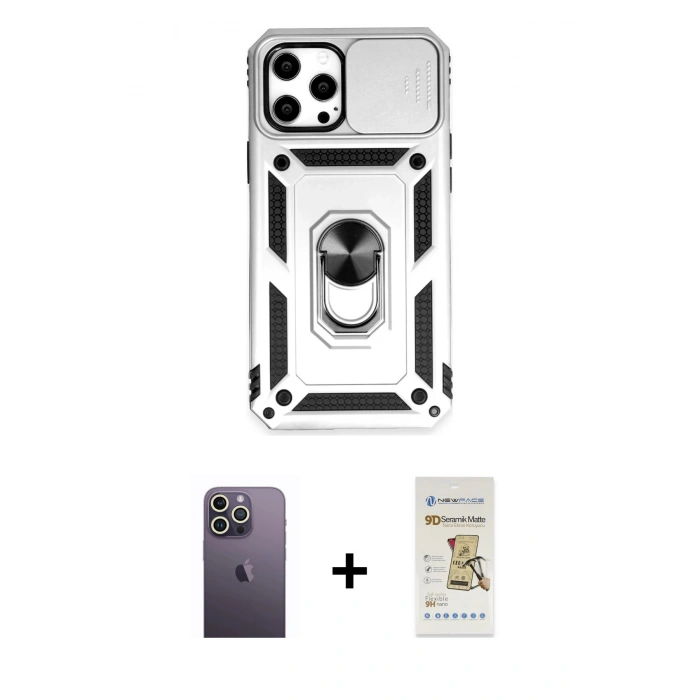 MARSİLYAN™- iPhone 12 Pro Max Kılıf Ahenk Klasik - Siyah Mat Seramik Nano Ekran Koruyucu + Neon Fosforlu Kamera Lens - BZ
