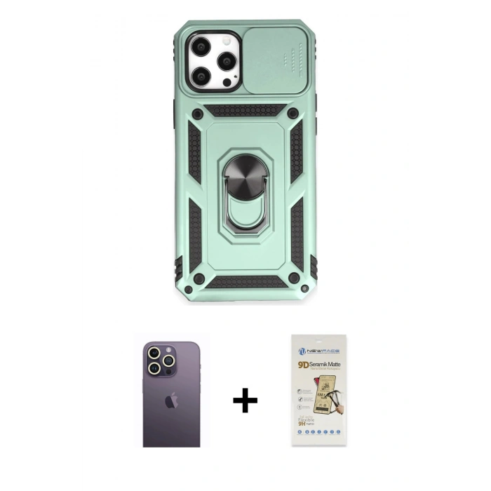 MARSİLYAN™- iPhone 12 Pro Max Kılıf Ahenk Klasik - Siyah Mat Seramik Nano Ekran Koruyucu + Neon Fosforlu Kamera Lens - BZ