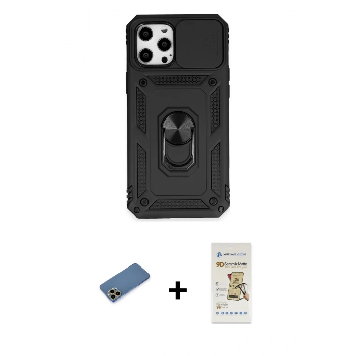 MARSİLYAN™- iPhone 12 Pro Max Kılıf Ahenk Klasik - Siyah Mat Seramik Nano Ekran Koruyucu + Shine Kamera Lens Koruma Cam - GD