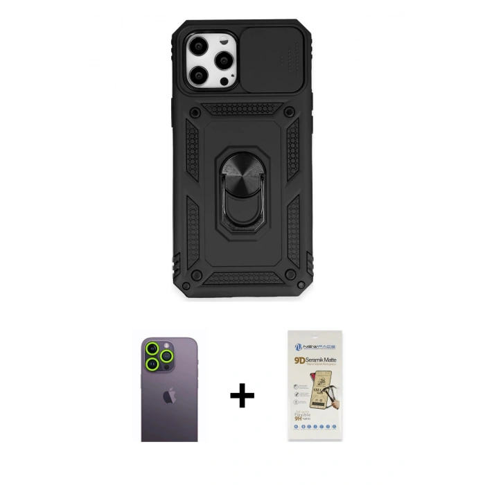 MARSİLYAN™- iPhone 12 Pro Max Kılıf Ahenk Klasik - Siyah Mat Seramik Nano Ekran Koruyucu + Neon Fosforlu Kamera Lens - YL