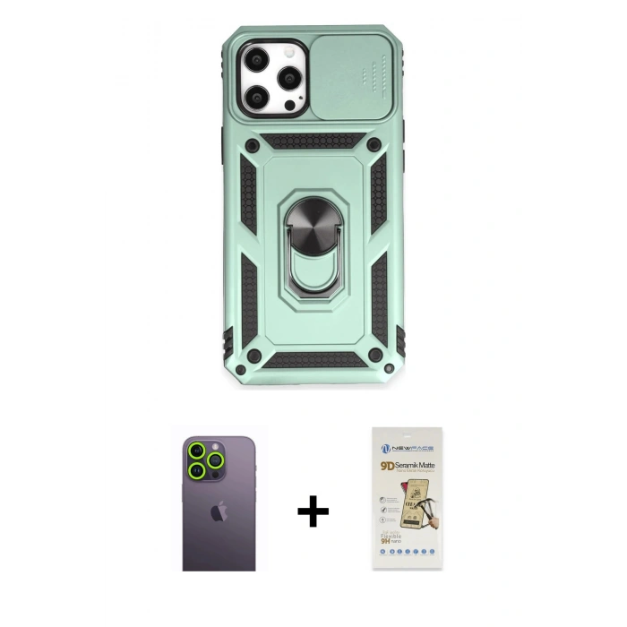 MARSİLYAN™- iPhone 12 Pro Max Kılıf Ahenk Klasik - Siyah Mat Seramik Nano Ekran Koruyucu + Neon Fosforlu Kamera Lens - YL