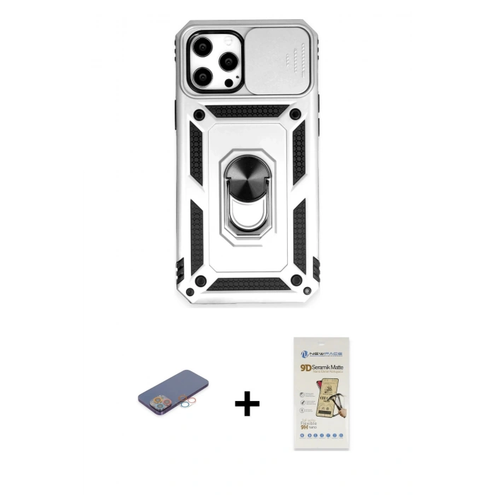 MARSİLYAN™- iPhone 12 Pro Max Kılıf Ahenk Klasik - Siyah Mat Seramik Nano Ekran Koruyucu + Renkli Kamera Lens Koruma Cam - PE