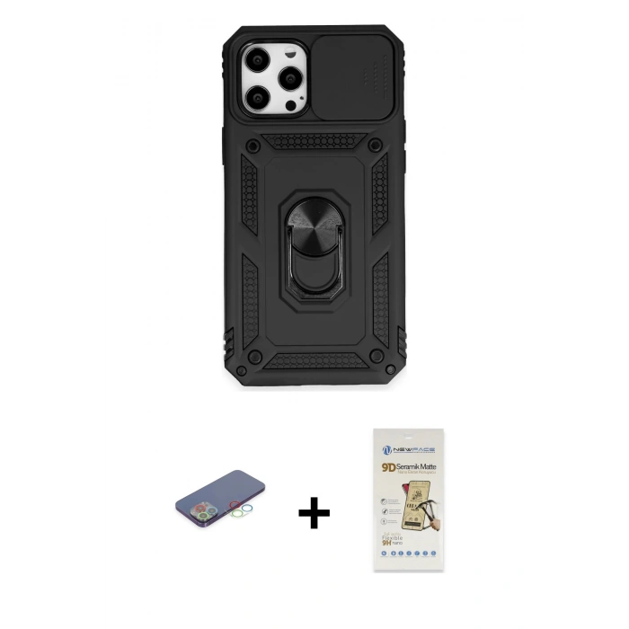 MARSİLYAN™- iPhone 12 Pro Max Kılıf Ahenk Klasik - Siyah Mat Seramik Nano Ekran Koruyucu + Renkli Kamera Lens Koruma Cam - MI