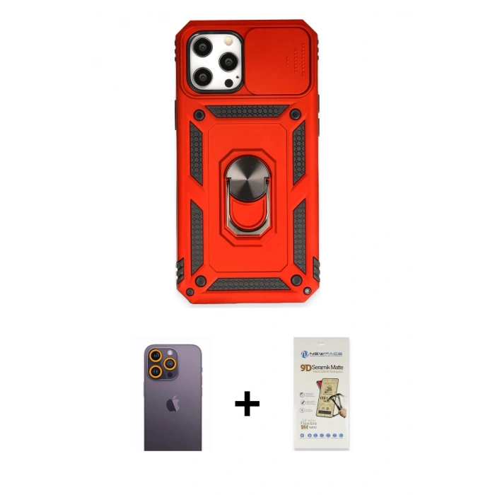 MARSİLYAN™- iPhone 12 Pro Max Kılıf Ahenk Klasik - Siyah Mat Seramik Nano Ekran Koruyucu + Neon Fosforlu Kamera Lens - SI