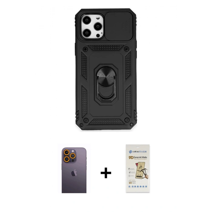 MARSİLYAN™- iPhone 12 Pro Max Kılıf Ahenk Klasik - Siyah Mat Seramik Nano Ekran Koruyucu + Neon Fosforlu Kamera Lens - SI