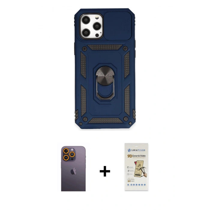 MARSİLYAN™- iPhone 12 Pro Max Kılıf Ahenk Klasik - Siyah Mat Seramik Nano Ekran Koruyucu + Neon Fosforlu Kamera Lens - SI