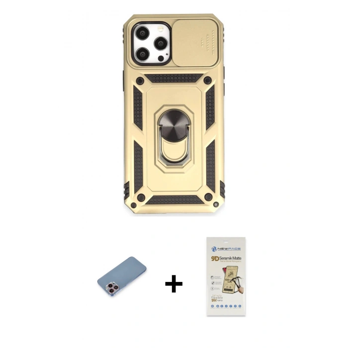 MARSİLYAN™- iPhone 12 Pro Max Kılıf Ahenk Klasik - Siyah Mat Seramik Nano Ekran Koruyucu + Shine Kamera Lens Koruma Cam - PE