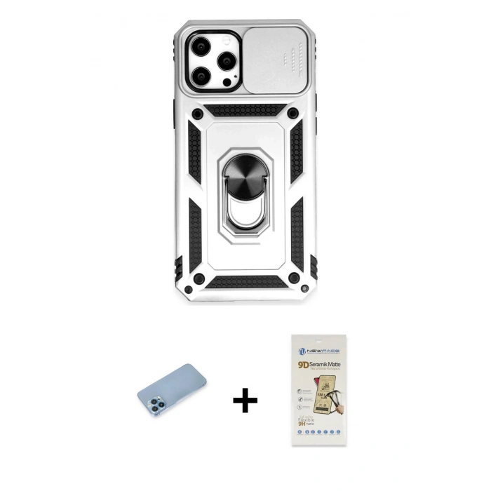 MARSİLYAN™- iPhone 12 Pro Max Kılıf Ahenk Klasik - Siyah Mat Seramik Nano Ekran Koruyucu + Shine Kamera Lens Koruma Cam - MI