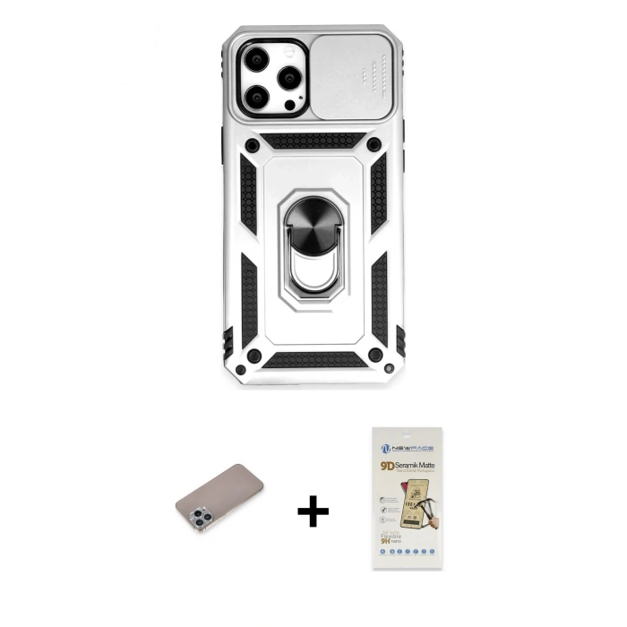 MARSİLYAN™- iPhone 12 Pro Max Kılıf Ahenk Klasik - Siyah Mat Seramik Nano Ekran Koruyucu + Shine Kamera Lens Koruma Cam - SABE