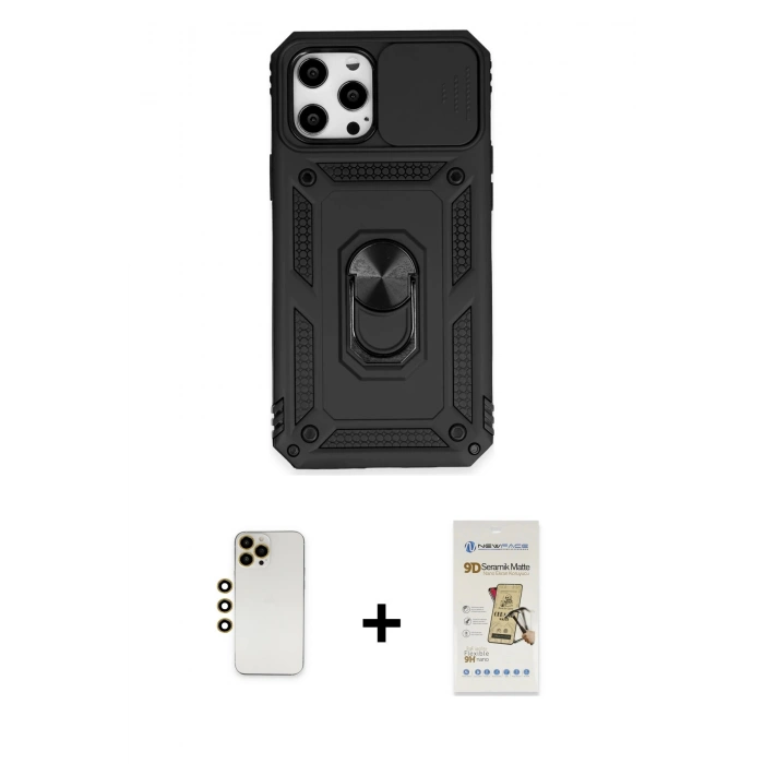 MARSİLYAN™- iPhone 12 Pro Max Kılıf Ahenk Klasik - Siyah Mat Seramik Nano Ekran Koruyucu + Shine Kamera Lens - GD