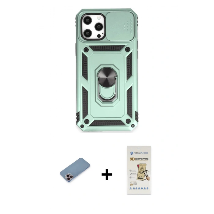 MARSİLYAN™- iPhone 12 Pro Max Kılıf Ahenk Klasik - Siyah Mat Seramik Nano Ekran Koruyucu + Shine Kamera Lens Koruma Cam - PE