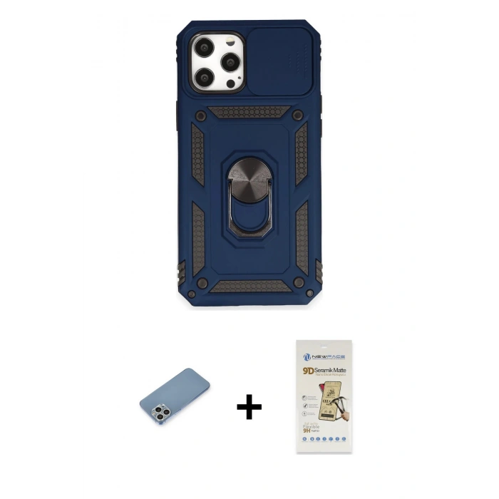 MARSİLYAN™- iPhone 12 Pro Max Kılıf Ahenk Klasik - Siyah Mat Seramik Nano Ekran Koruyucu + Shine Kamera Lens Koruma Cam - GS