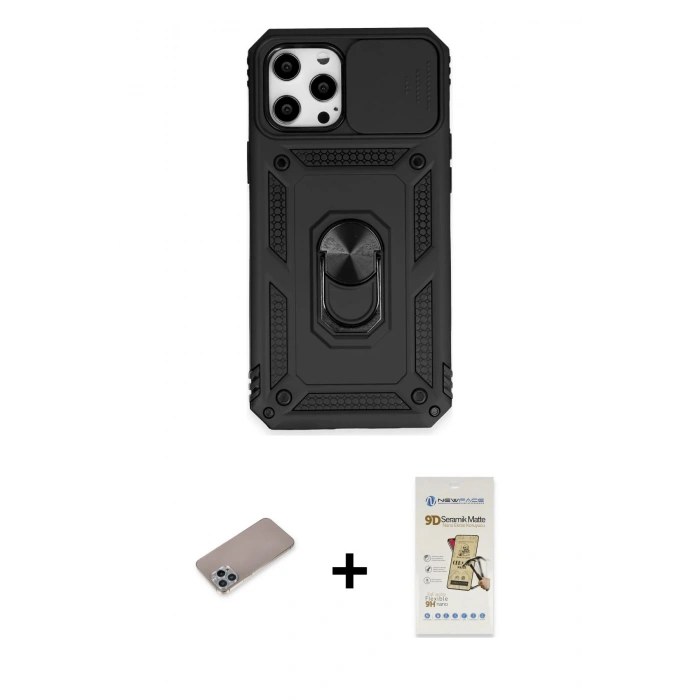 MARSİLYAN™- iPhone 12 Pro Max Kılıf Ahenk Klasik - Siyah Mat Seramik Nano Ekran Koruyucu + Shine Kamera Lens Koruma Cam - SABE