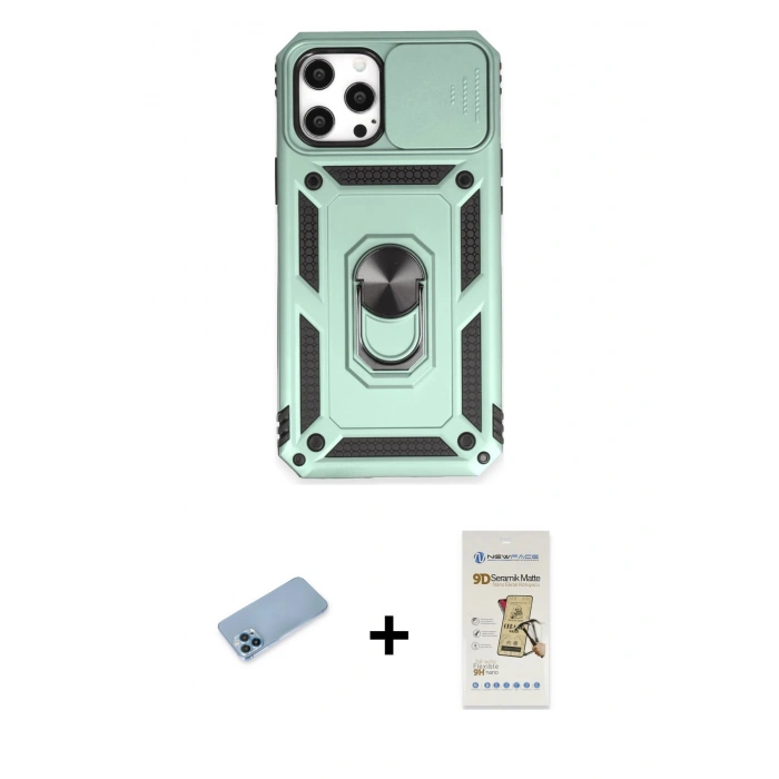 MARSİLYAN™- iPhone 12 Pro Max Kılıf Ahenk Klasik - Siyah Mat Seramik Nano Ekran Koruyucu + Shine Kamera Lens Koruma Cam - MI