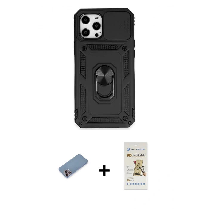 MARSİLYAN™- iPhone 12 Pro Max Kılıf Ahenk Klasik - Siyah Mat Seramik Nano Ekran Koruyucu + Shine Kamera Lens Koruma Cam - PE