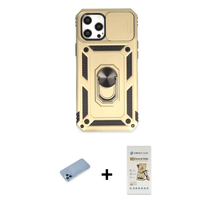 MARSİLYAN™- iPhone 12 Pro Max Kılıf Ahenk Klasik - Siyah Mat Seramik Nano Ekran Koruyucu + Shine Kamera Lens Koruma Cam - MI