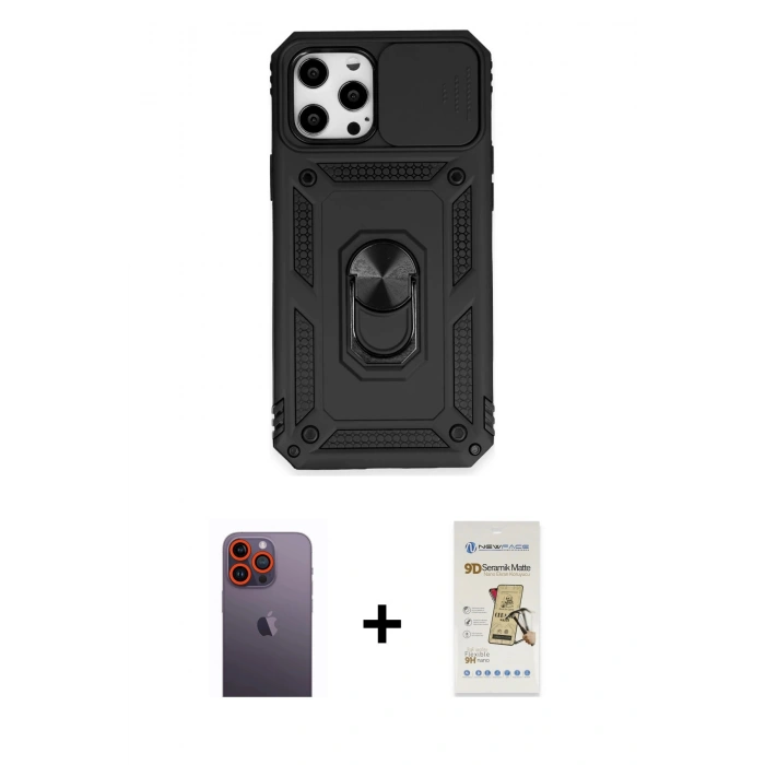 MARSİLYAN™- iPhone 12 Pro Max Kılıf Ahenk Klasik - Siyah Mat Seramik Nano Ekran Koruyucu + Neon Fosforlu Kamera Lens - TU