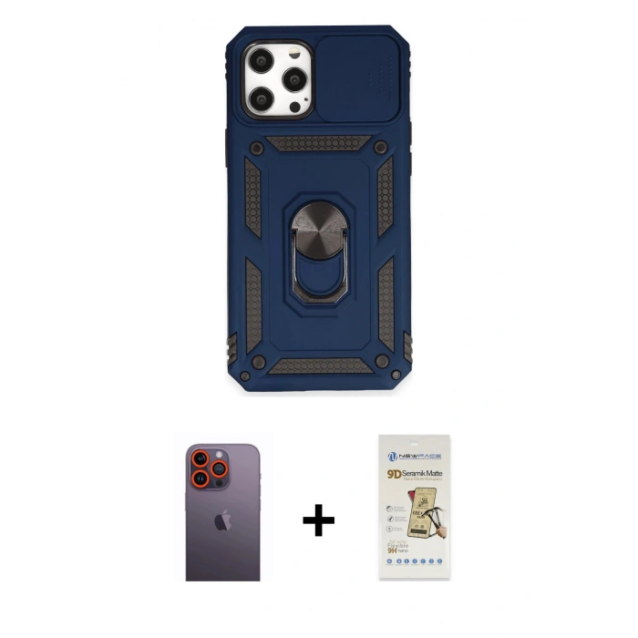MARSİLYAN™- iPhone 12 Pro Max Kılıf Ahenk Klasik - Siyah Mat Seramik Nano Ekran Koruyucu + Neon Fosforlu Kamera Lens - TU