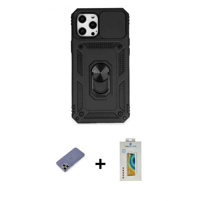 MARSİLYAN™- iPhone 12 Pro Max Kılıf Ahenk Klasik - Siyah Polymer Nano Ekran Koruyucu + Metal Kamera Lens Koruma Cam - GD