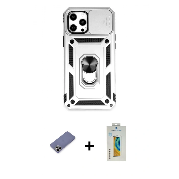 MARSİLYAN™- iPhone 12 Pro Max Kılıf Ahenk Klasik - Siyah Polymer Nano Ekran Koruyucu + Metal Kamera Lens Koruma Cam - GD