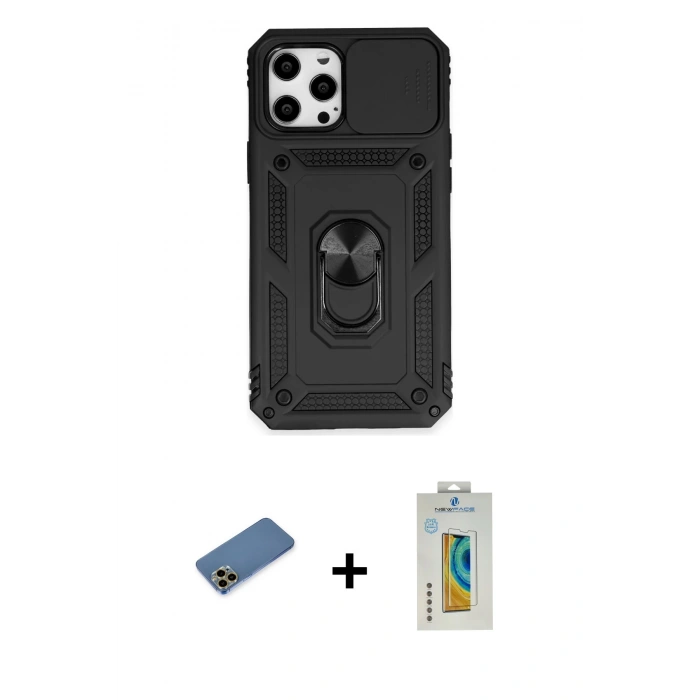 MARSİLYAN™- iPhone 12 Pro Max Kılıf Ahenk Klasik - Siyah Polymer Nano Ekran Koruyucu + Gold Shine Kamera Lens Koruma Cam