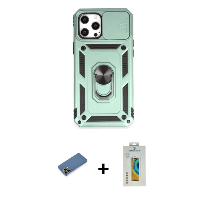 MARSİLYAN™- iPhone 12 Pro Max Kılıf Ahenk Klasik - Siyah Polymer Nano Ekran Koruyucu + Gold Shine Kamera Lens Koruma Cam