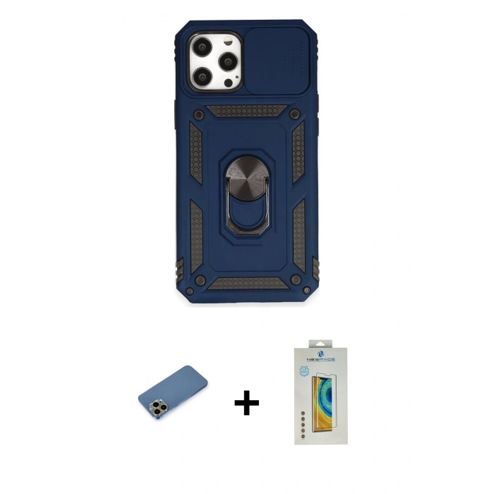 MARSİLYAN™- iPhone 12 Pro Max Kılıf Ahenk Klasik - Siyah Polymer Nano Ekran Koruyucu + Gold Shine Kamera Lens Koruma Cam