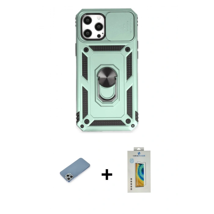 MARSİLYAN™- iPhone 12 Pro Max Kılıf Ahenk Klasik - Siyah Polymer Nano Ekran Koruyucu + Gümüş Shine Kamera Lens Koruma Cam