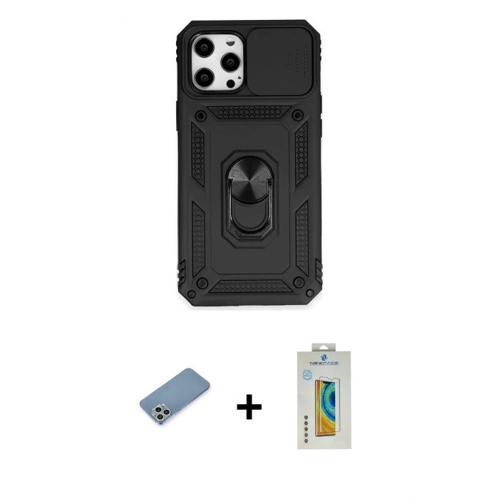 MARSİLYAN™- iPhone 12 Pro Max Kılıf Ahenk Klasik - Siyah Polymer Nano Ekran Koruyucu + Gümüş Shine Kamera Lens Koruma Cam