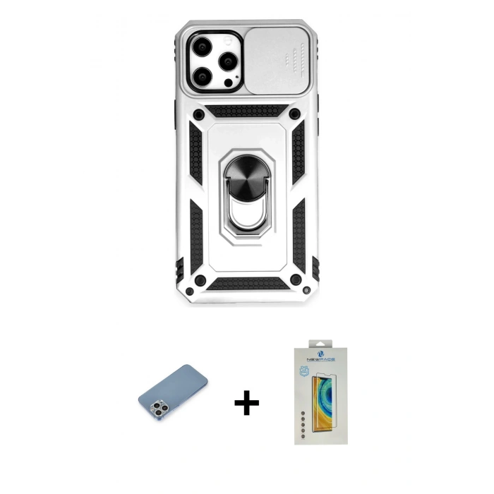 MARSİLYAN™- iPhone 12 Pro Max Kılıf Ahenk Klasik - Siyah Polymer Nano Ekran Koruyucu + Gümüş Shine Kamera Lens Koruma Cam